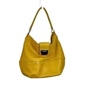 TALBOTS Soft Pebbled Leather Mustard Yellow Hobo Shoulder Bag Hook Loop Closure
